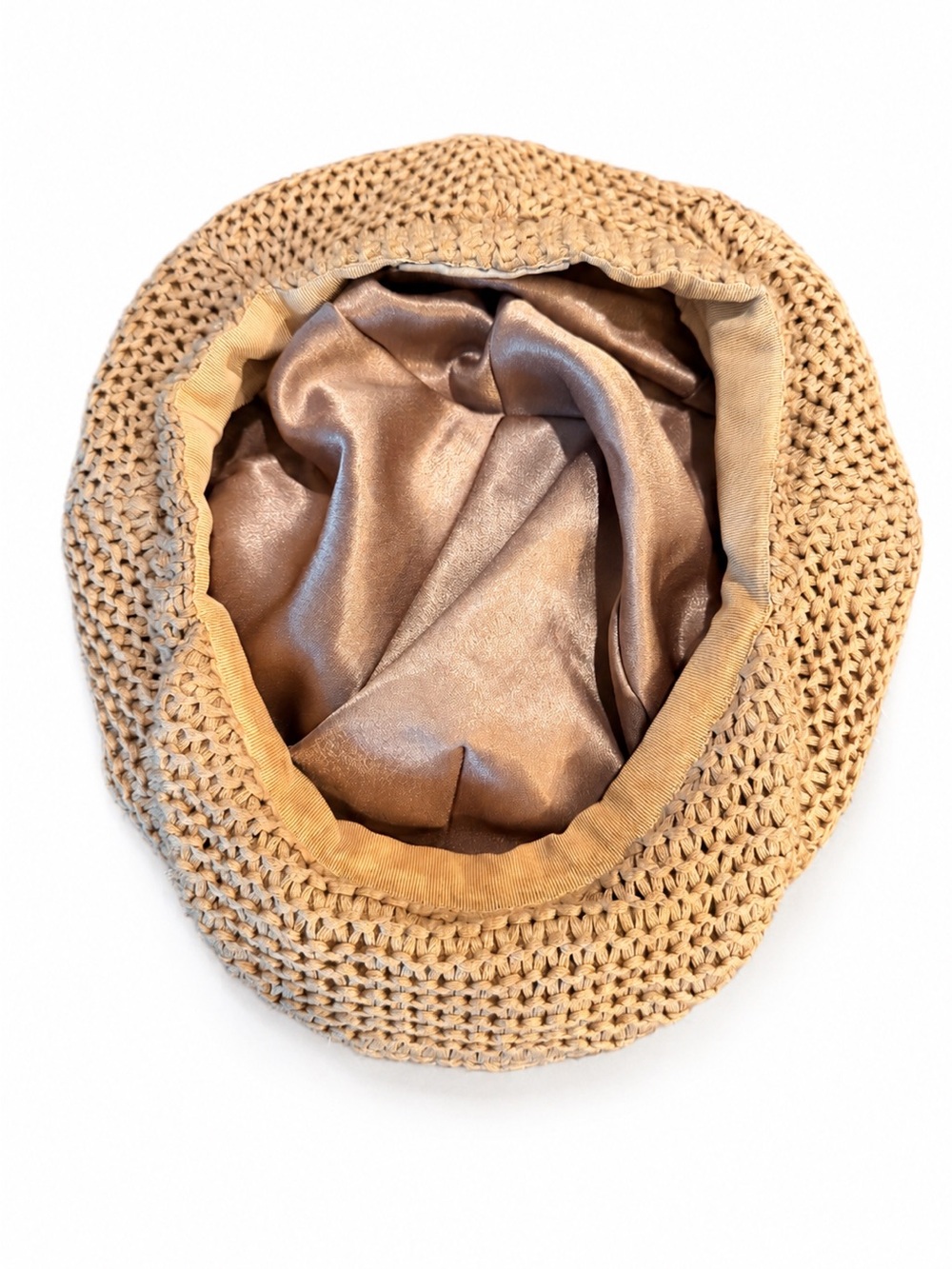 Eugenia Kim Crochet Beret Hat Tan Beige Satin Lined Slouchy Designer Boho - Picture 3 of 5